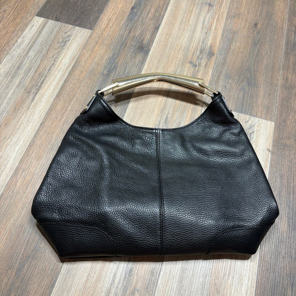 Vera Pelle Gold Top Handle Hobo Bag Black Genuine Leather Inner Zip Pocket Italy